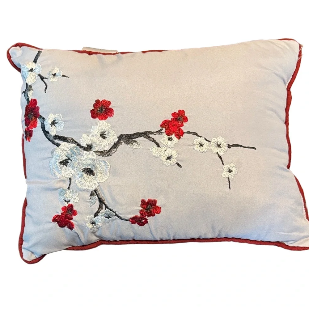 Cherry Blossom Embroidered Pillow - Red, White and Gray